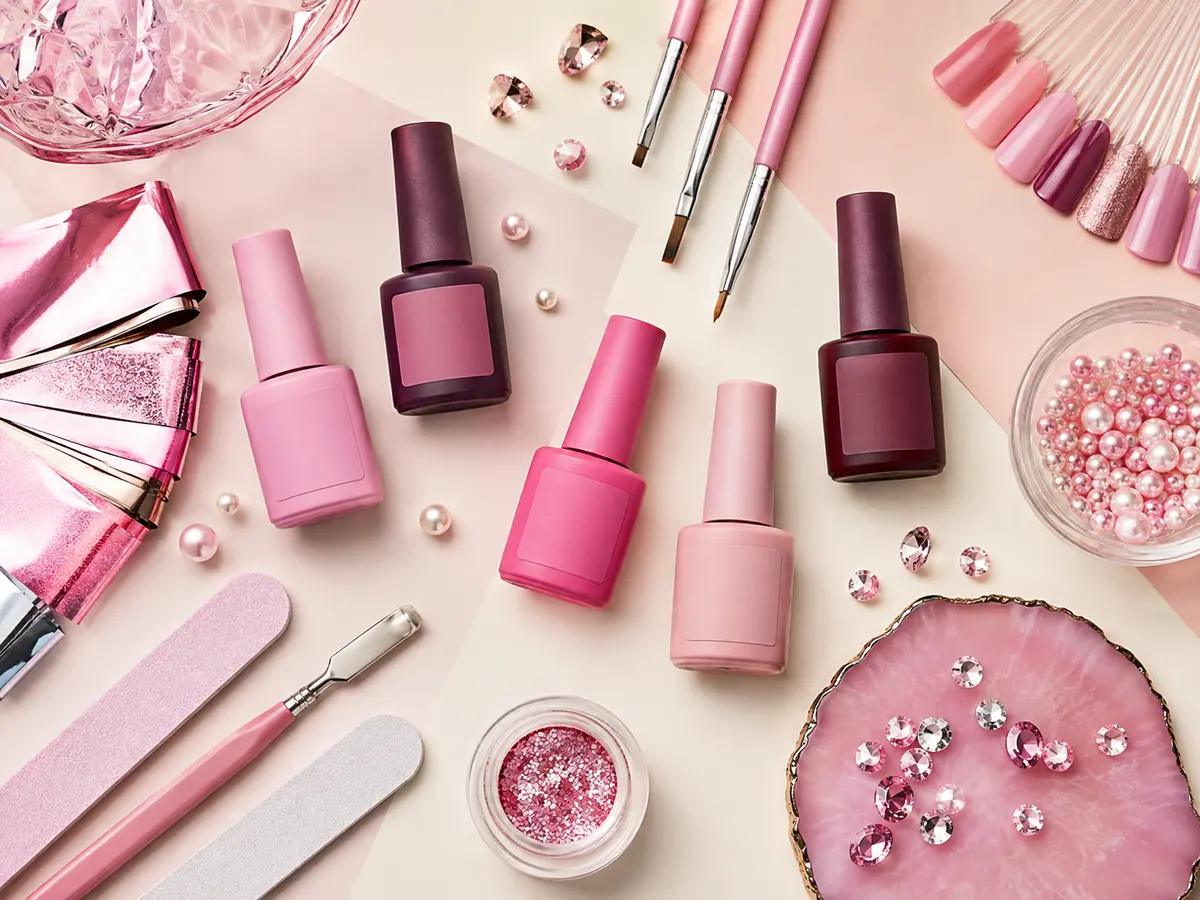 Colorful nail tools, gels, swatches, foils and crystals