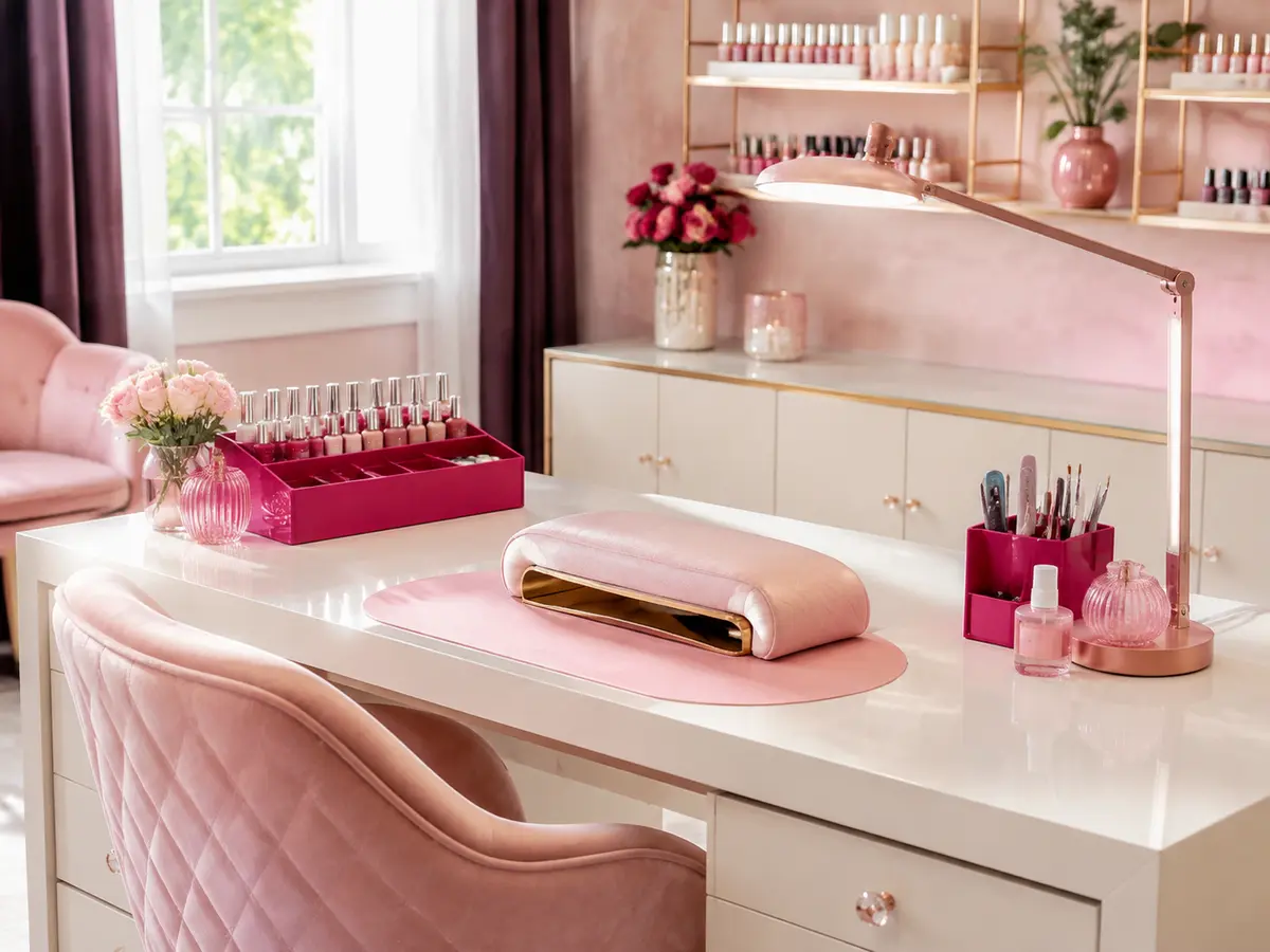 Bright pink and plum professional nail workspace