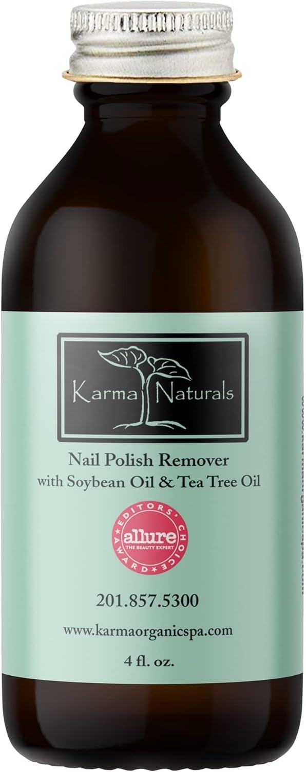 Karma Organic Nail Polish Remover with Soybean Oil and Tea Tree Oil- Non Toxic, Vegan, Cruelty Free, Acetone Free – Nails Strengthener for Fingernails – 4 fl. Oz.