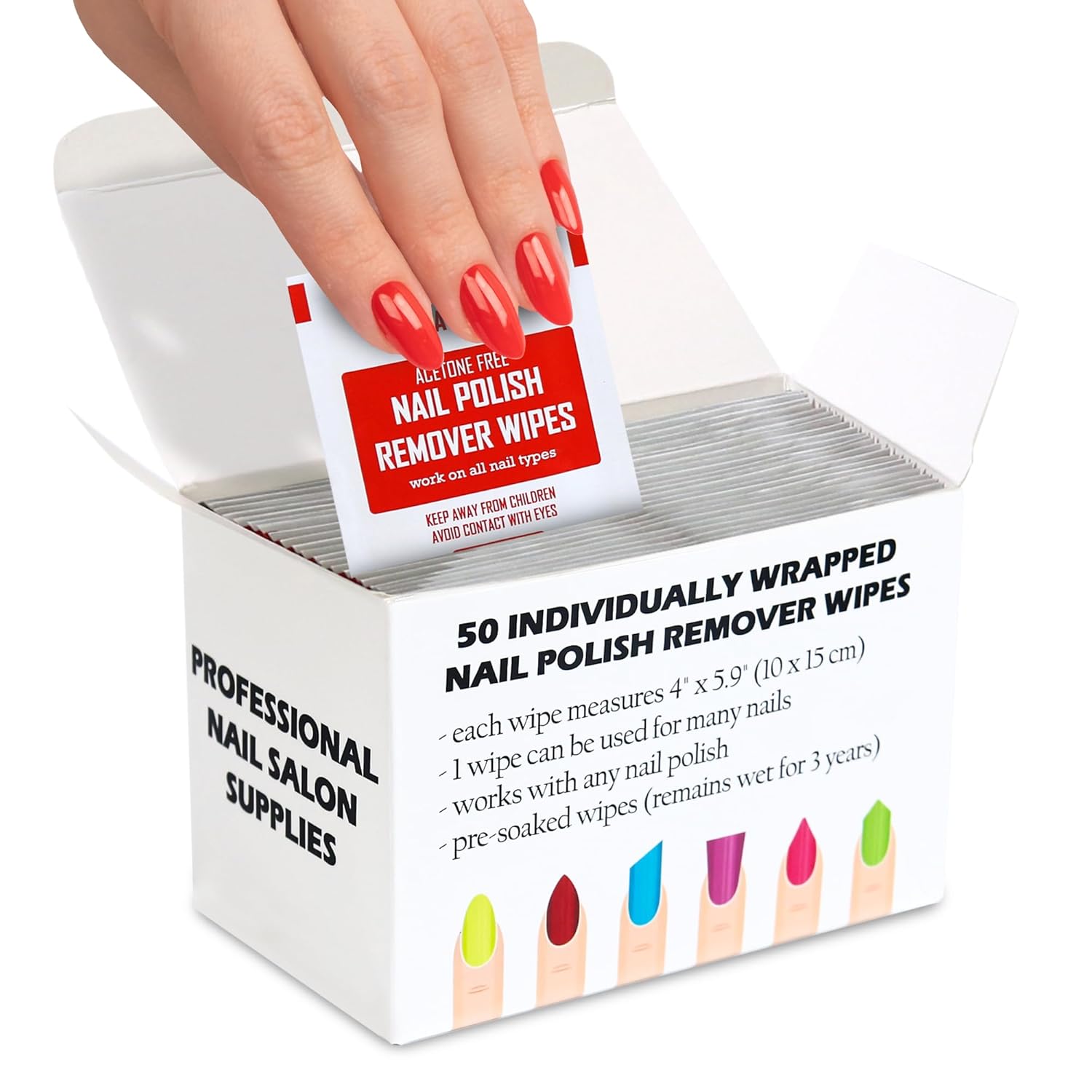 Nail Polish Remover Pads – 100% Non-Acetone – 50 Pack Bulk Set – Individually Wrapped – Quick Nail Polish Remover Wipes – Fingernail Travel Kit to Clear Nail Polish for Home & Professional Removal