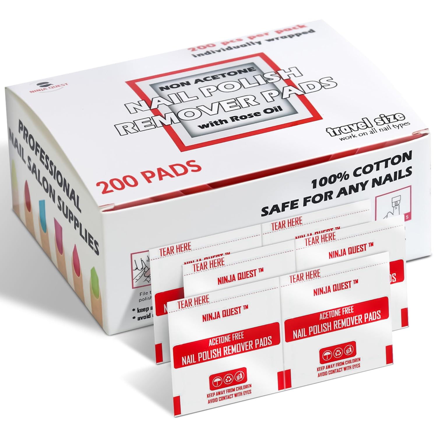 Nail Polish Remover Pads 100% Non Acetone – 200 Pack of Individually Wrapped Bulk Set Gel Nail Polish Remover Wipes – Fingernail Travel Kit to Clear Nail Polish for Home & Professional Removal